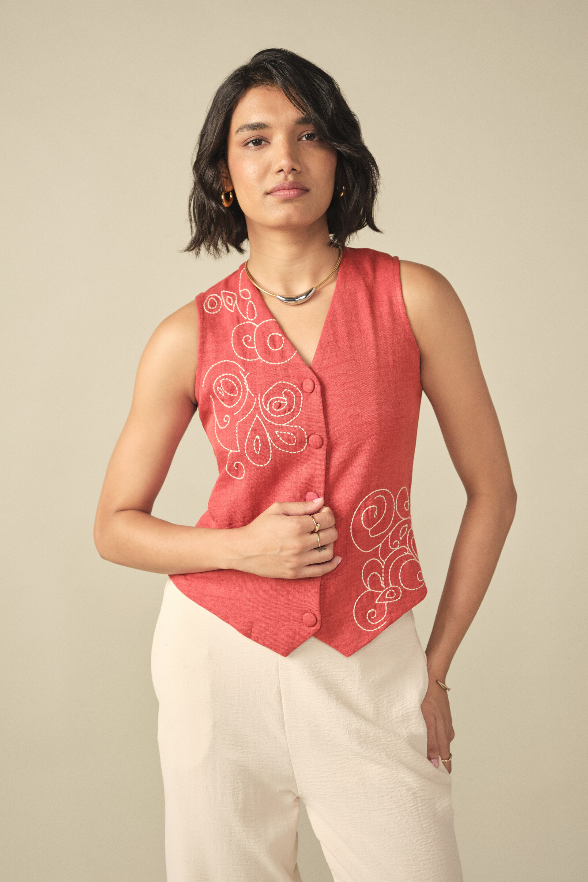 Floral Embroidered Waistcoat in Rust